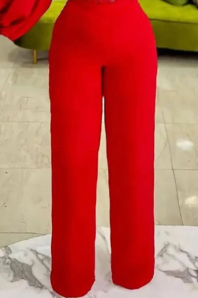 Women's Elegant Red Two-Piece Jumpsuit with Floral Lace Top & Puff Sleeves