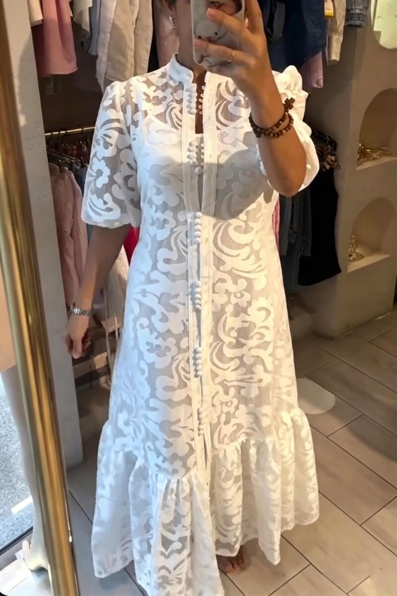 Women Round Neck Printed Patchwork Buckle Elegant Temperament Dress