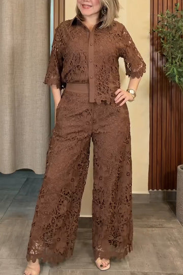 Women Lapel Patterned Hollow Top or Wide Leg Pants