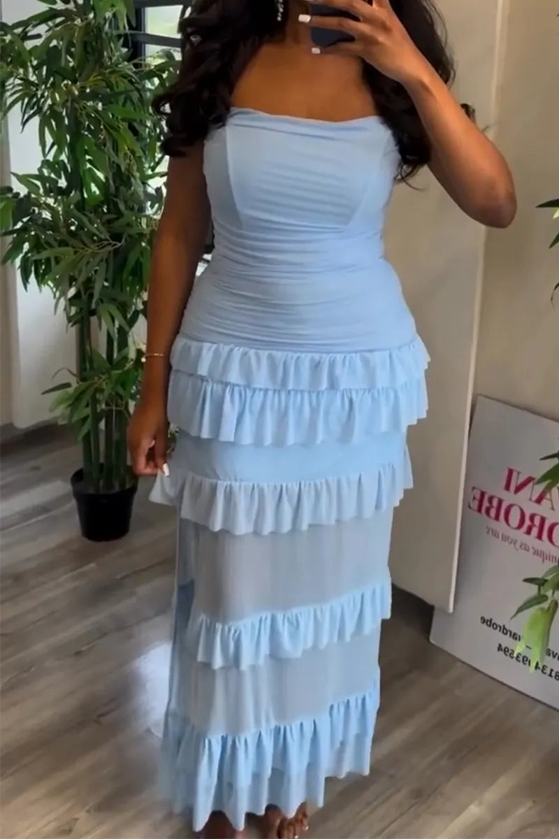 Women Strapless Patchwork Waist Cinching Elegant Casual Dress