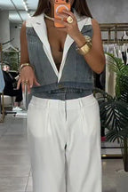 Women's Denim Vest Or White Wide-Leg Pants with Contrast Lape