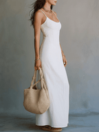 Elegant White Minimal Strappy Slit Maxi Dress
