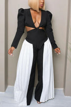 Women's Deep V Neck Twist Waist Cutout Pleated Side Wide Leg Jumpsuit