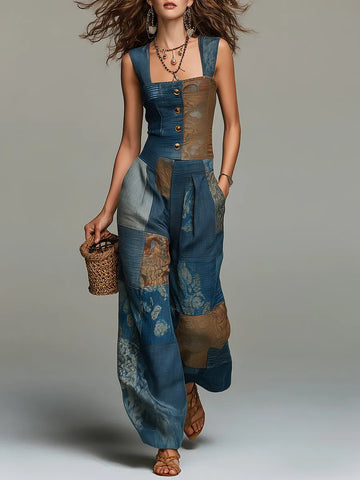 Vintage-style Button-accented Patchwork Print Wide-leg Jumpsuit