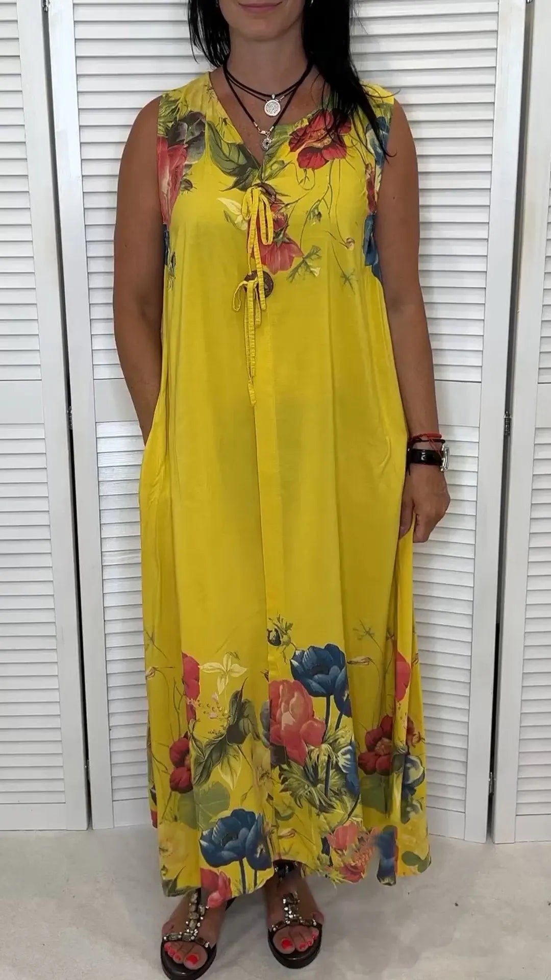 V-neck Sleeveless Printed Cotton and Linen Dress