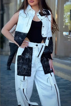 Women's Fashion Asymmetric Color Block Vest or Wide Leg Pants