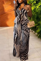 Women Neck Hanging Sleeveless Zebra Print Top+ Wide Leg Pants Casual Suit