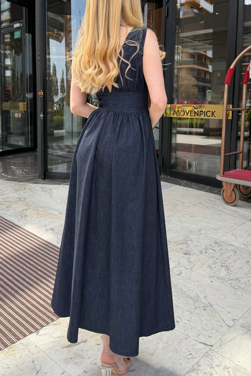 Women's Elegant Waist Defined V-Neck Denim Dress