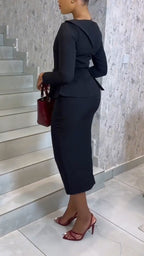 Women Round Neck Top + Breasted Split Half Skirt Temperament Commuting Suit