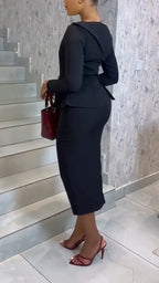Women Round Neck Top + Breasted Split Half Skirt Temperament Commuting Suit
