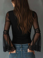 Vintage Sheer Sleeves Zip-up Collar Blouse