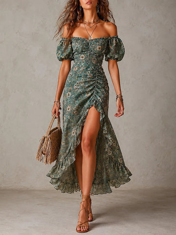 Off-the-shoulder Printed High Slit Chiffon Maxi Dress With Ruffled Hem