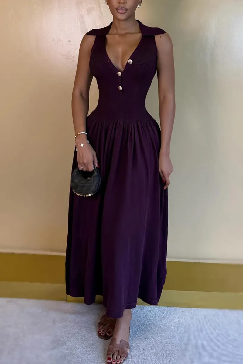 Women's Elegant Button-Trim Knit-Panel Midi Dress