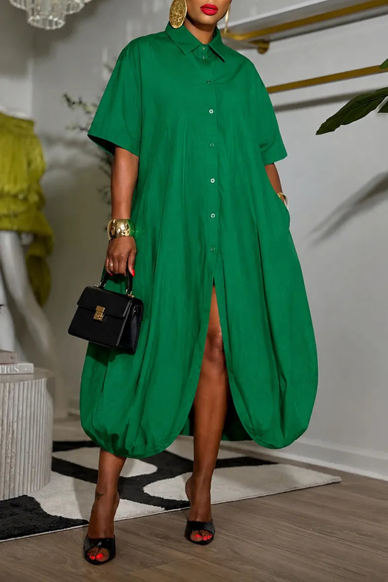 Women's Casual Shirt Collar Loose Balloon Hem Midi Dress
