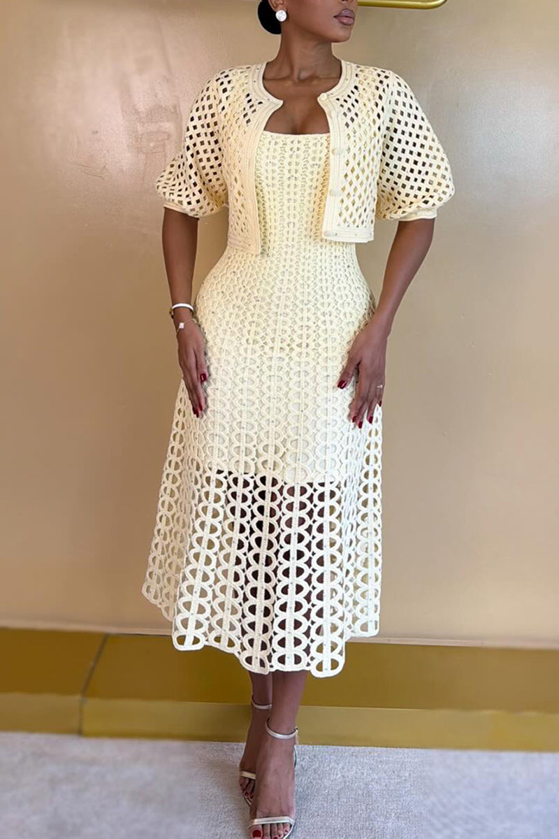 Women's Elegant Puff-Sleeve Cutout Cardigan Midi Dress 2-Piece Set