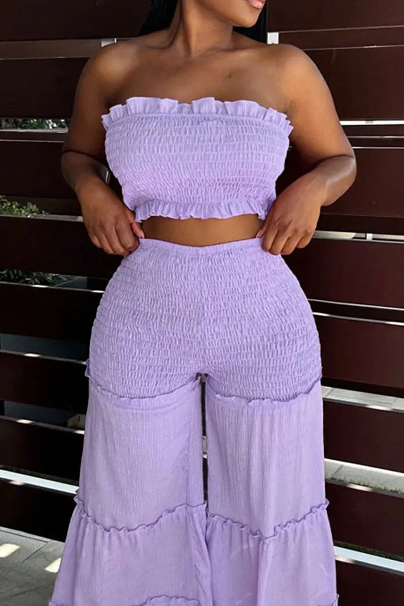 Women's Frill Edge Strapless Full Smocked Crop Tube Top Or High Waist Shirred Waist Tiered Ruffle Flowy Wide Leg Pants
