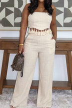 Women's Strapless Cropped Top With Fringed Hem Or Wide Leg Commuter Trousers