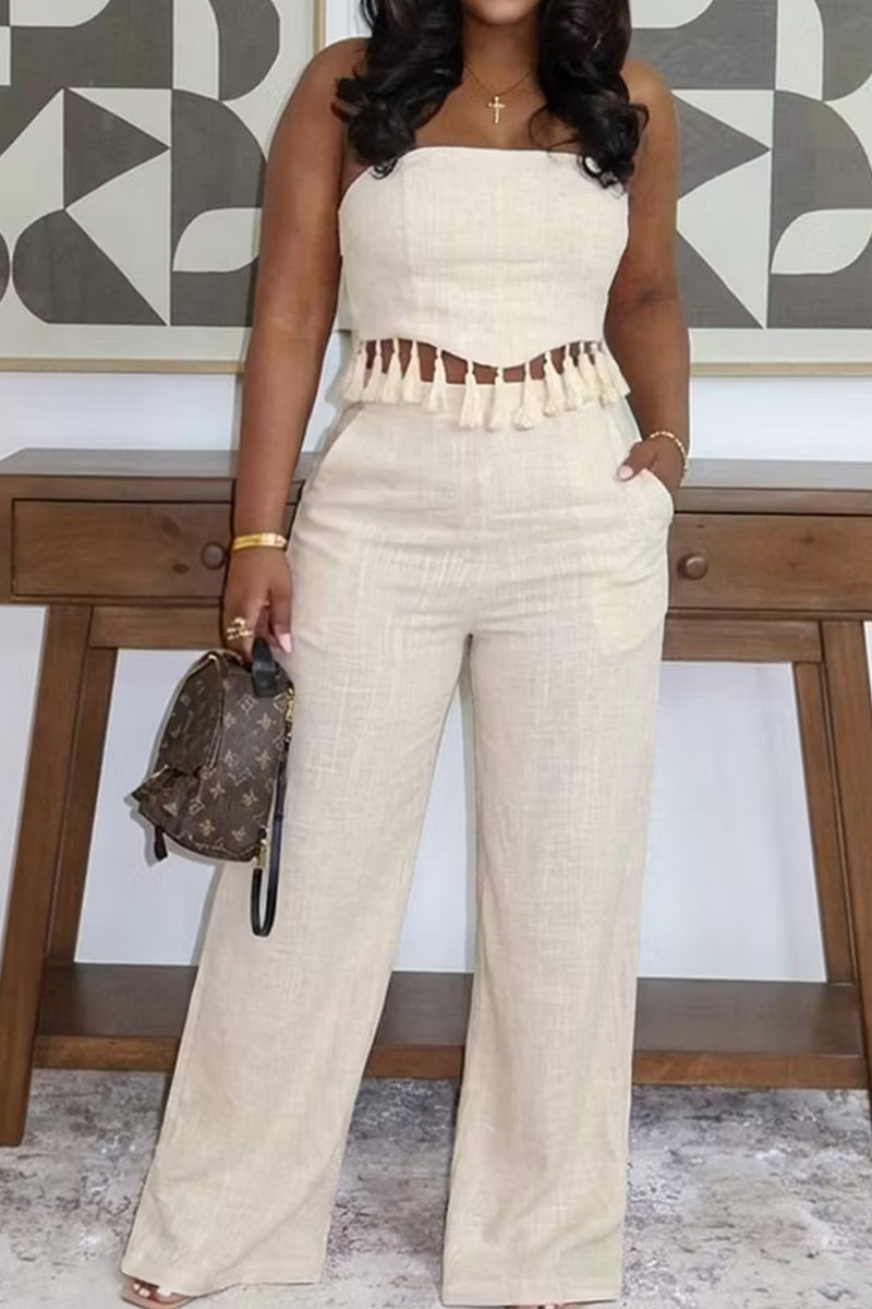 Women's Strapless Cropped Top With Fringed Hem Or Wide Leg Commuter Trousers