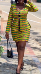 Women Square Neck Button Printed Jacket + Half Skirt Casual Set with Temperament
