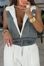 Women's Denim Vest Or White Wide-Leg Pants with Contrast Lape