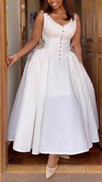 Womens V-neck Buckle Splicing Waist Cinching Elegant Casual Dress