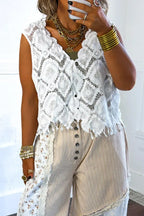 Women's Crochet Lace Sleeveless Top with Button Front Or Patchwork Floral Pants