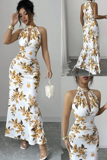 French Vintage Floral Bodycon Dress Long Dress