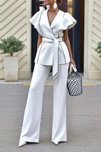 Women's Elegant Contrast-Stitch Trim Cami Pants Set with Belt