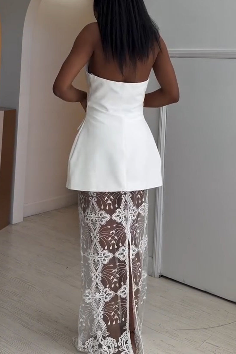 Women's Elegant Lapel Vest Lace Skirt Set