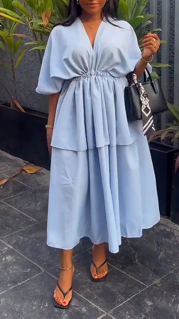 Women V-neck Patchwork Solid Color Casual Dress