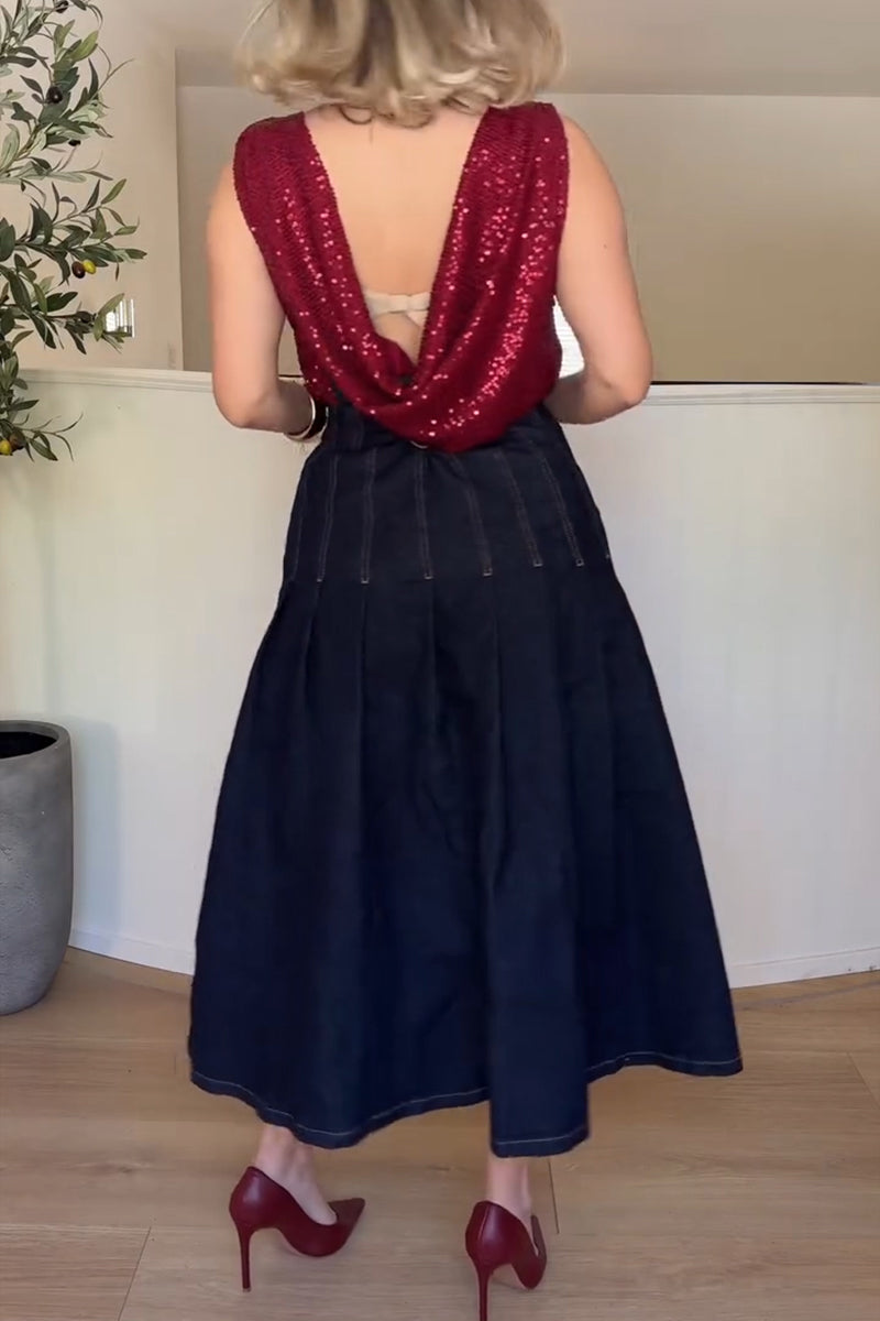 Women's Elegant Sequin Cami or Pleated Denim Skirt