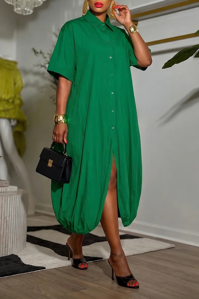 Women's Casual Shirt Collar Loose Balloon Hem Midi Dress