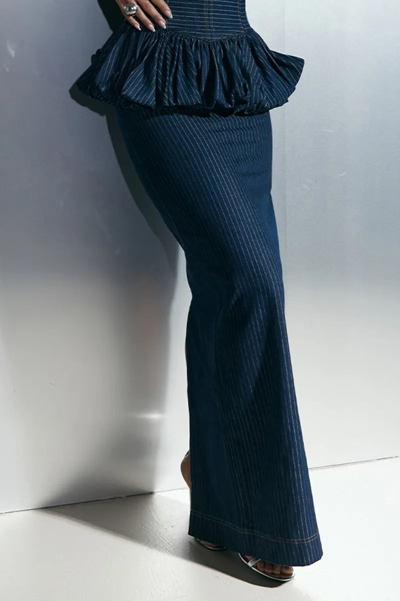Women's Fashion Stripe V Neck Tie Denim Vest & Skirt