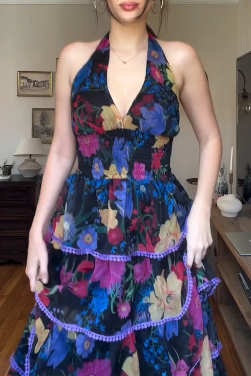 Women's Elegant Resort Layered Hem Floral Dress