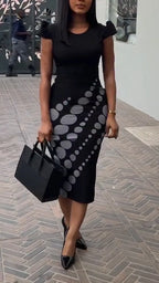 Women Round Neck Waist Cinched Polka Dot Print Elegant Temperament Dress