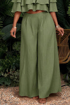 Women's Crinkle Textured Off Shoulder Double Tier Ruffle Crop Blouse Or High Waist Loose Flow Crinkle Wide Leg Palazzo Pants