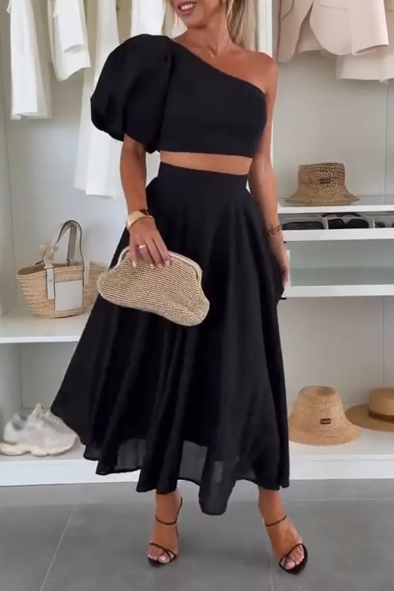 Women One Shoulder Top+ Half Skirt Elegant Casual Suit