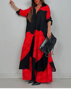Women's V-neck Patchwork Printed Top and Pants Commuting Casual Suit