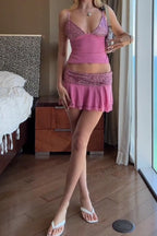 Women's Lace Up Open Back Camisole With Panel Detail Or Short Sequin Panel Party Skirt
