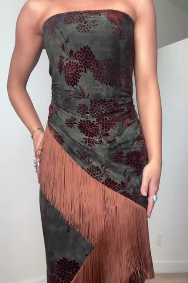 Women's Printed Strapless Fitted Fringe Irregular Hem Party Dress