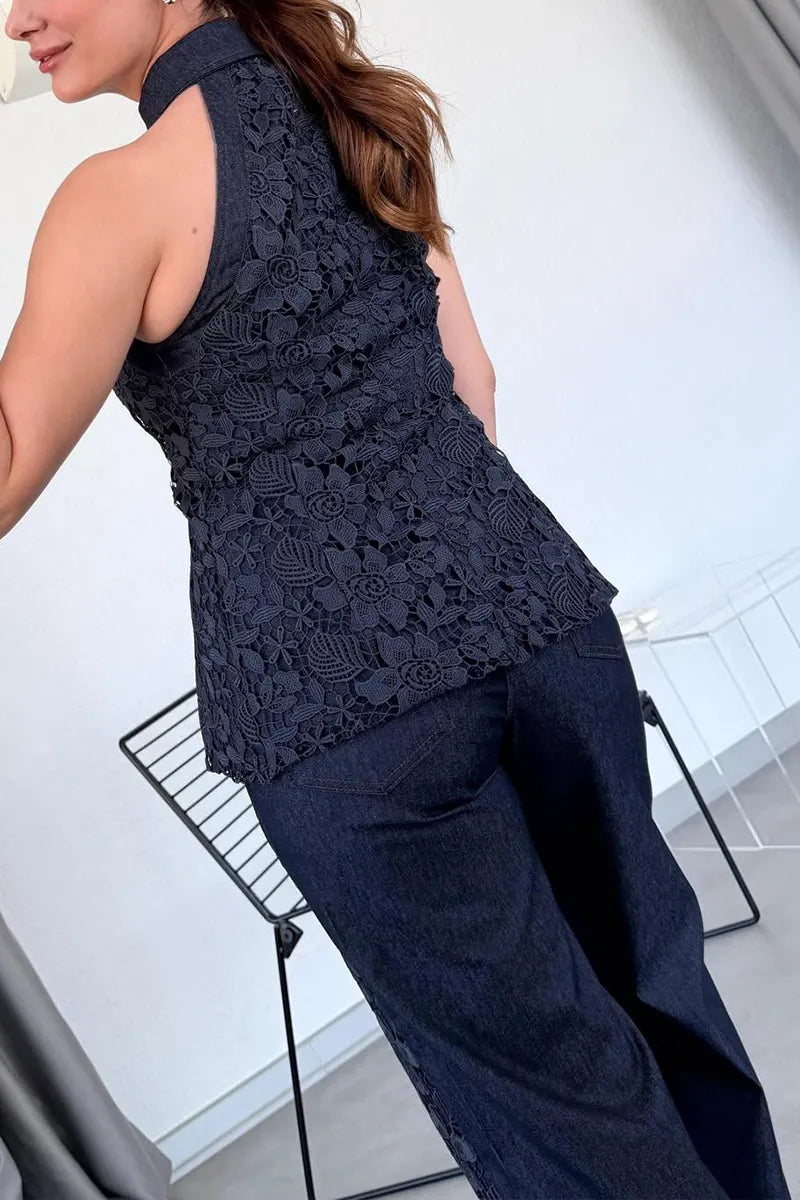 Women's Elegant Lace Panel Denim Vest & Jeans