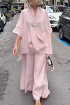 Womens V-neck Top+ Wide Leg Pants Loose Casual Suit