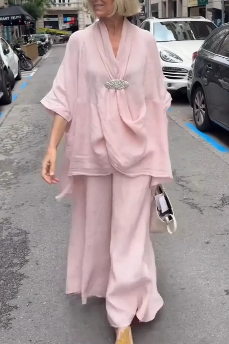 Womens V-neck Top+ Wide Leg Pants Loose Casual Suit