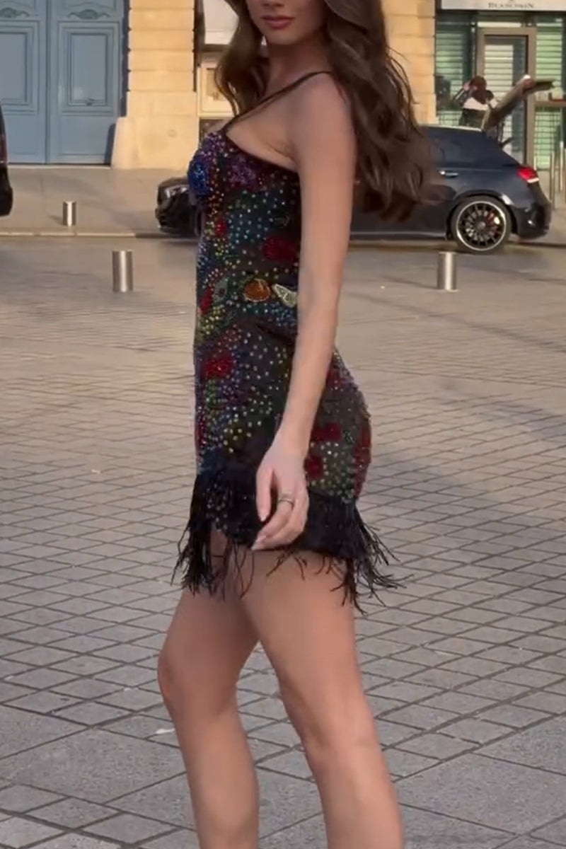 Women's Party Sparkling Rhinestone Fringe Trim Mini Dress