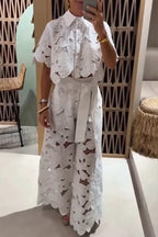 Women Casual Lapel Patterned Hollow Top or Wide Leg Pants