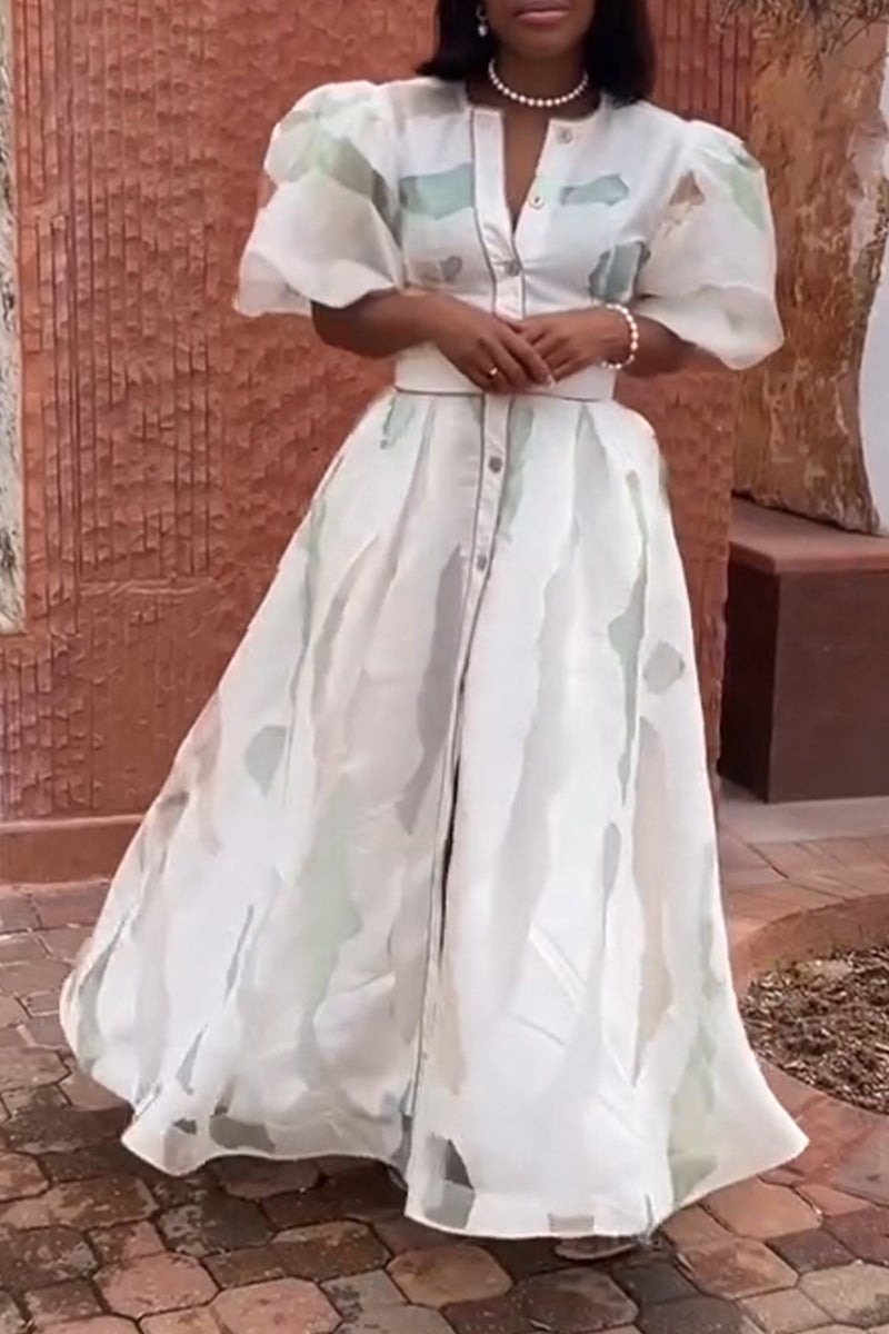 Women's Elegant Print Puff Sleeve Waist-Defined Dress