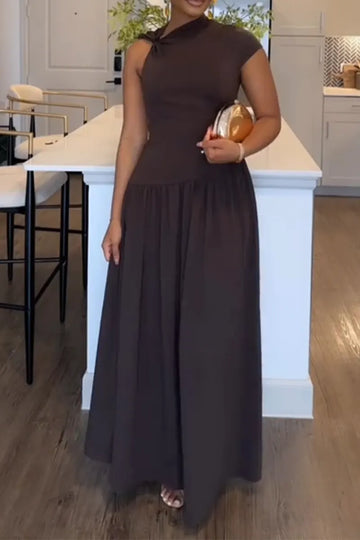Women Single Shoulder Solid Color Waist Cinching Elegant Casual Dress