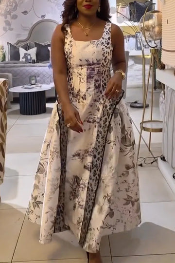 Women Square Collar Printed Waist Cinching Elegant Temperament Maxi Dresses