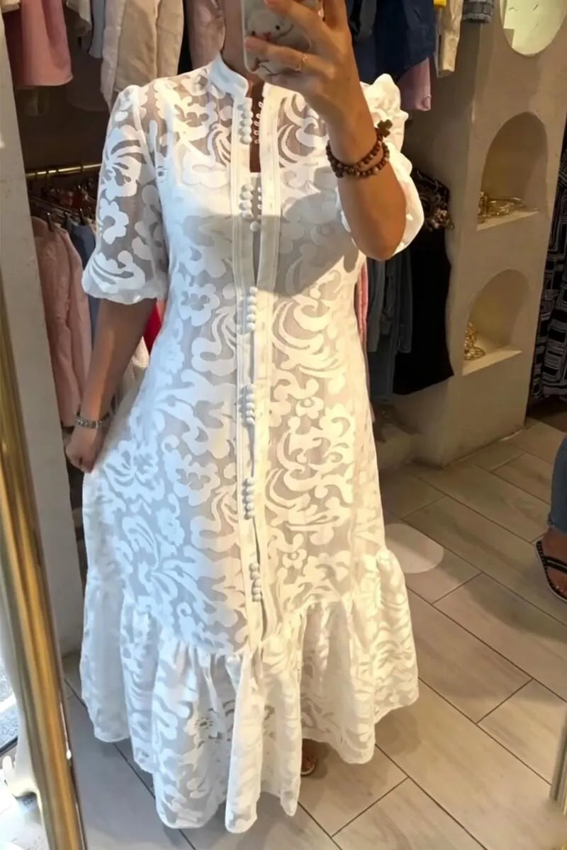 Women Round Neck Printed Patchwork Buckle Elegant Temperament Dress