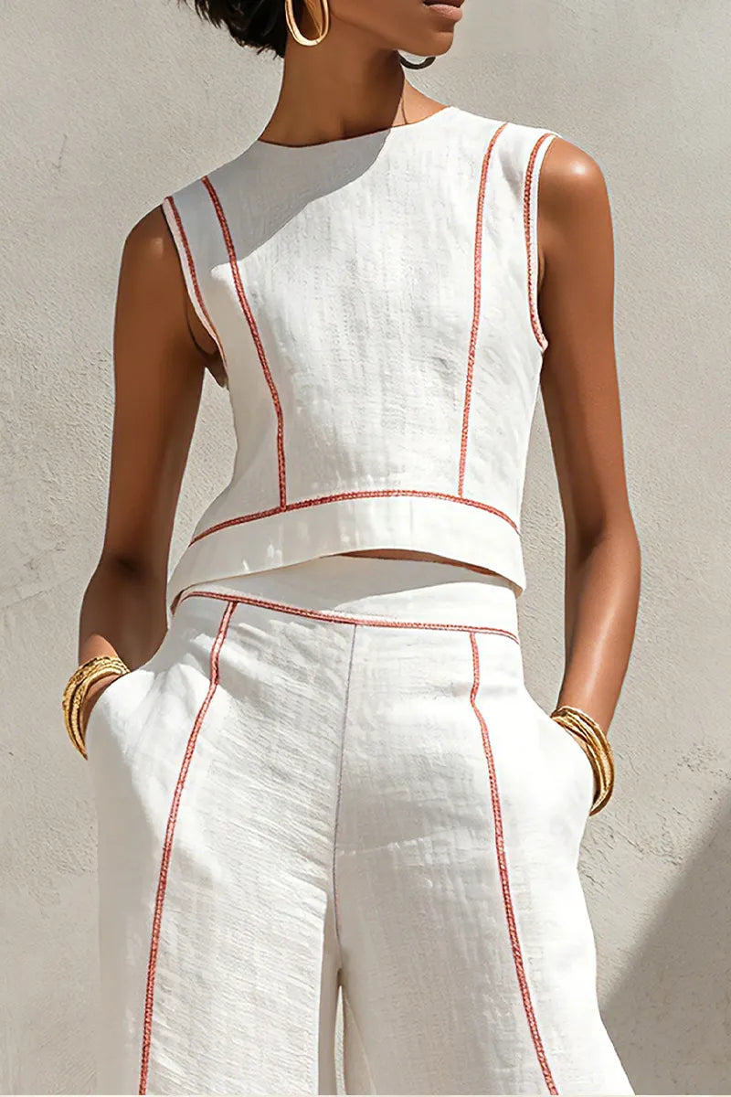 Women's Round Neck Sleeveless Red Contrast Stitch Cropped Linen Vest Or Relaxed Full Length Outline Stitch Linen Wide Leg Trousers